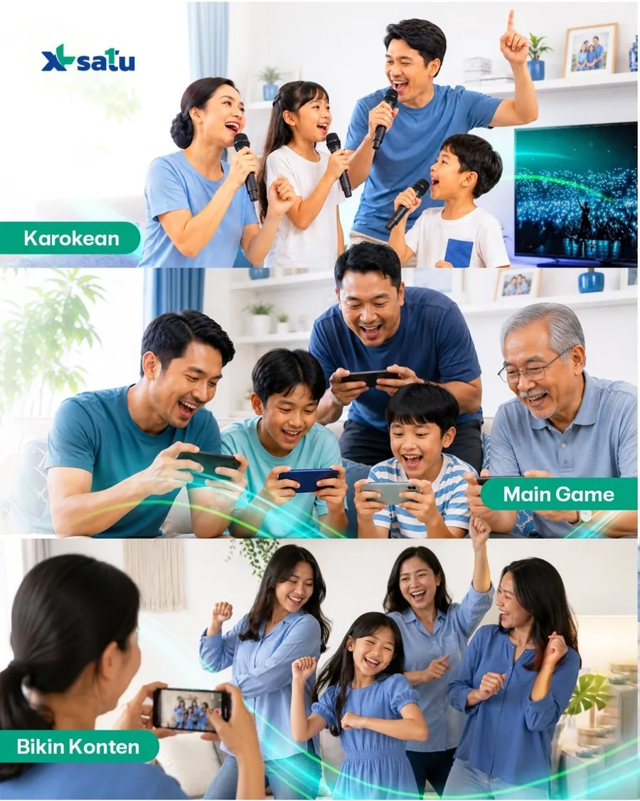 Keluarga menikmati karaoke, bermain game, dan membuat konten dengan XL SATU